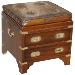 Restored Military Campaign Stool Hand Dyed Brown Leather Cushion & Drawer Brass