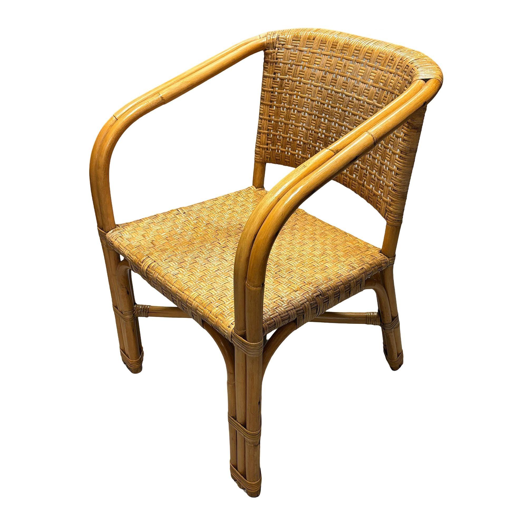 Restaurierter moderner 2-strängiger Rattan-Esszimmerstuhl mit Korbweidesitz, 4er-Set, restauriert (amerikanisch) im Angebot