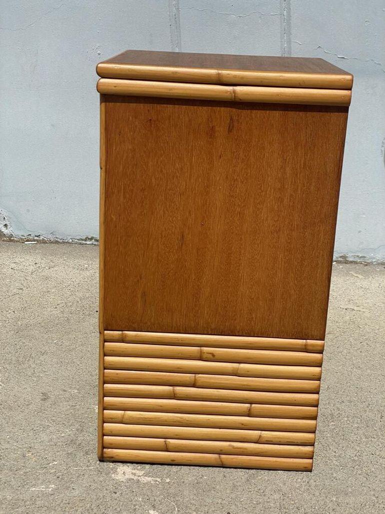 American Restored Modern Single Drawer Rattan & Koa Wood Bedside Table For Sale