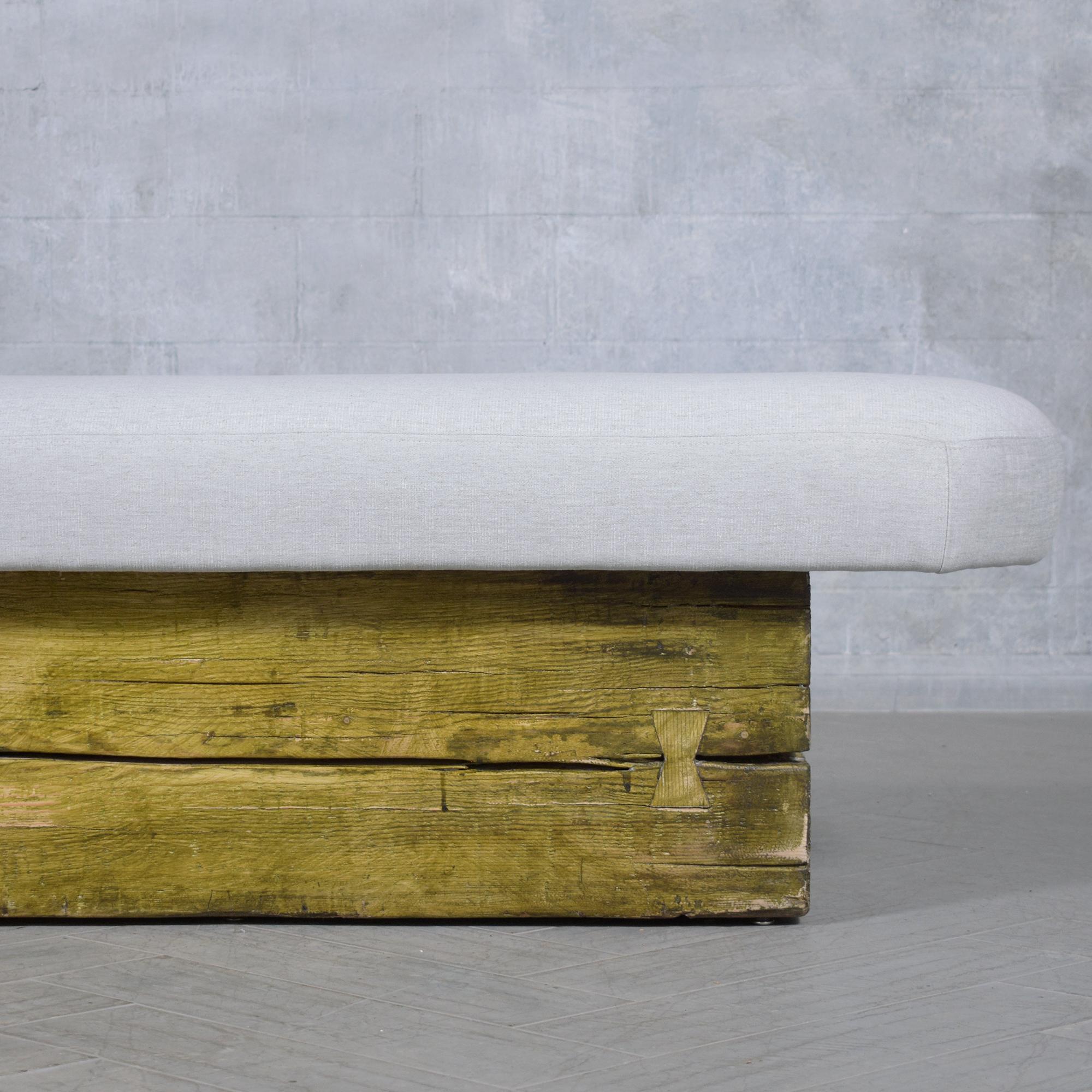 Restored Mid Century Modern Slab Bench with Whitewashed Finish and Linen Cushion For Sale 2