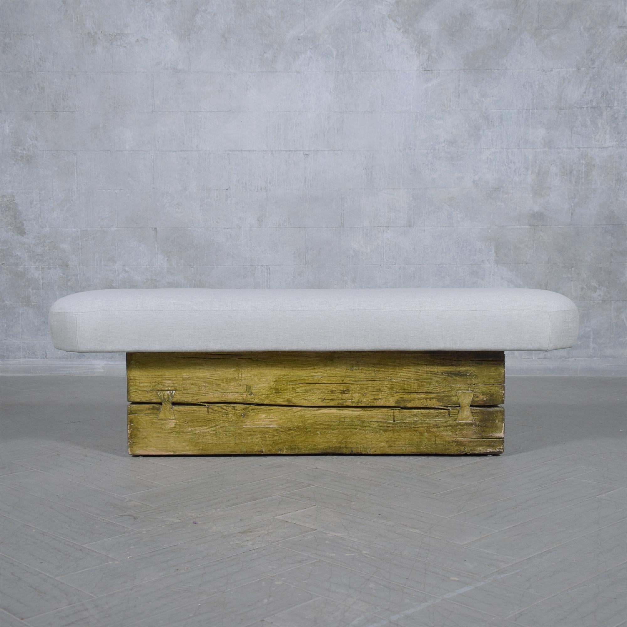 Organic Modern Restored Mid Century Modern Slab Bench with Whitewashed Finish and Linen Cushion For Sale