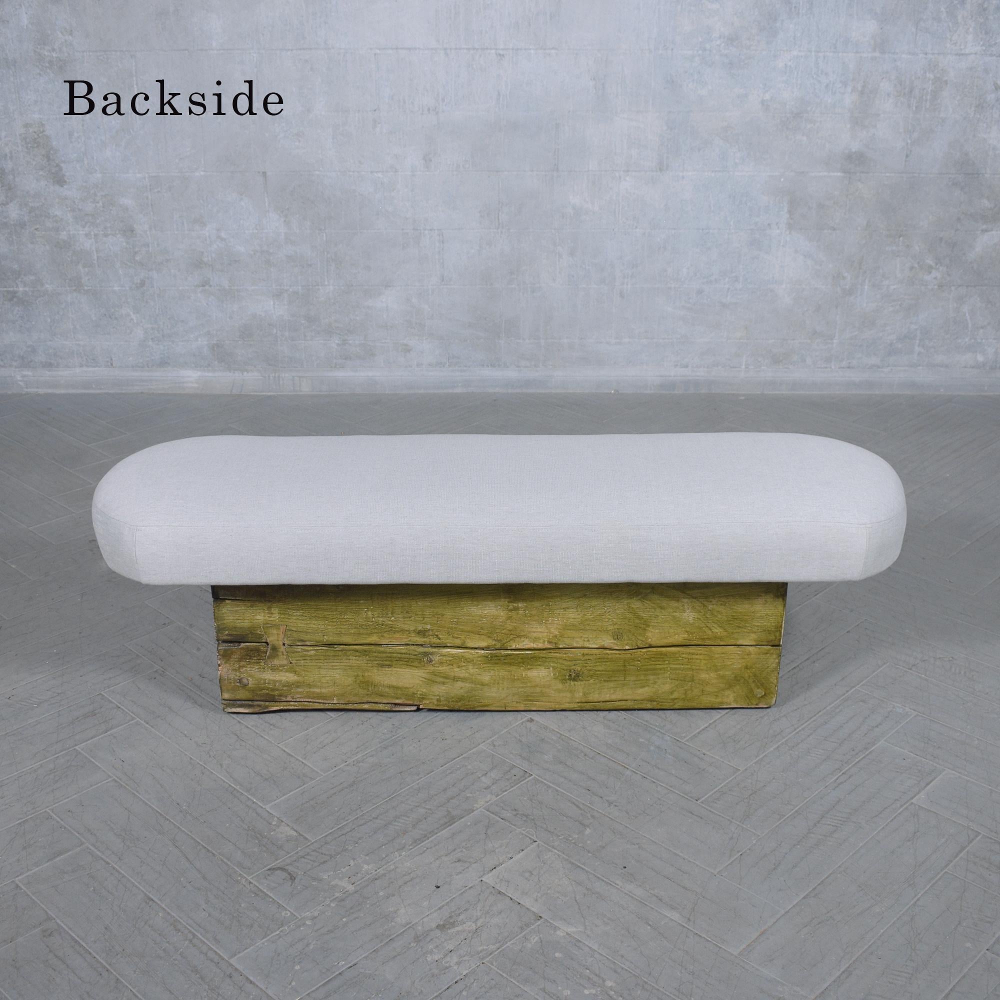 Painted Restored Mid Century Modern Slab Bench with Whitewashed Finish and Linen Cushion For Sale