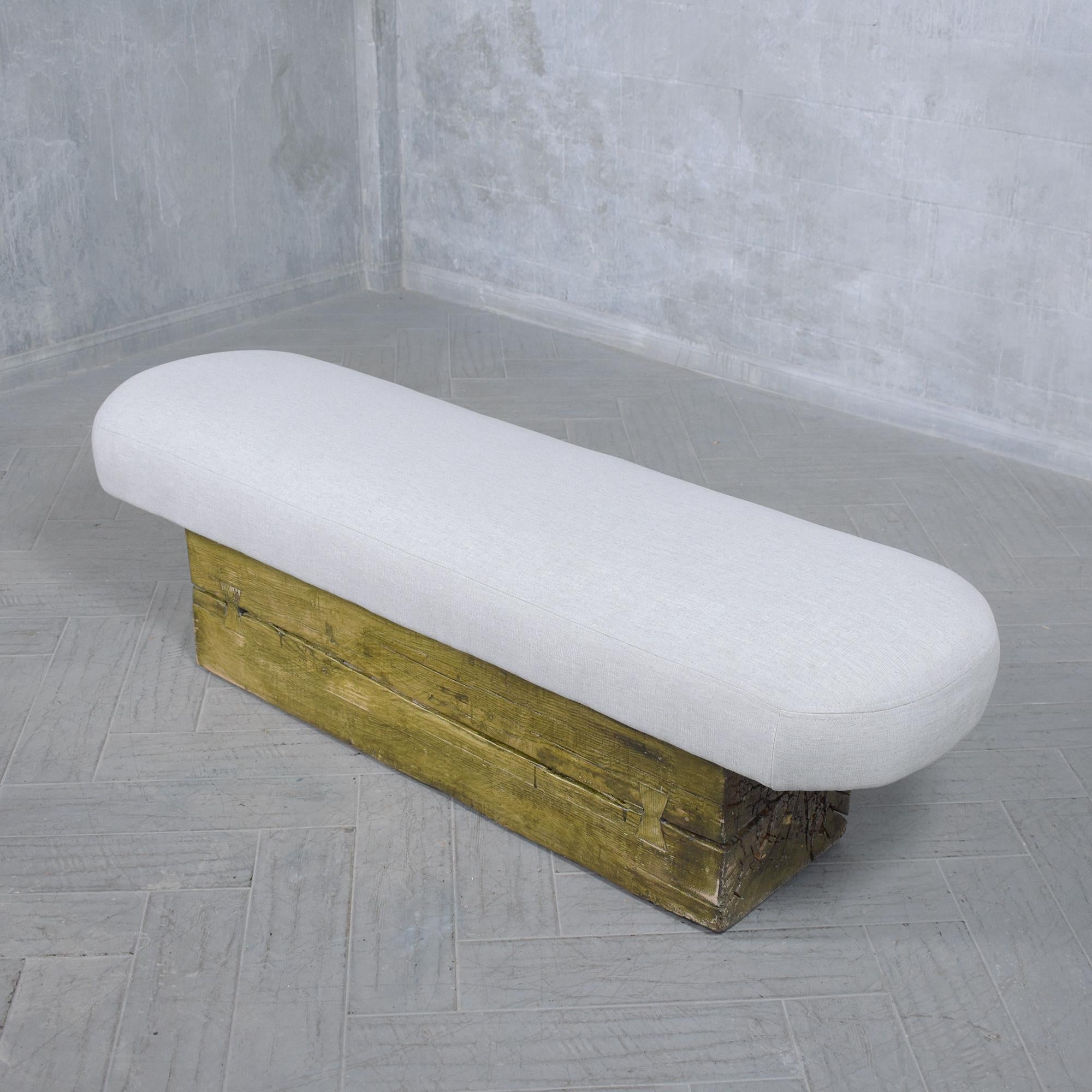 Restored Mid Century Modern Slab Bench with Whitewashed Finish and Linen Cushion In Good Condition For Sale In Los Angeles, CA