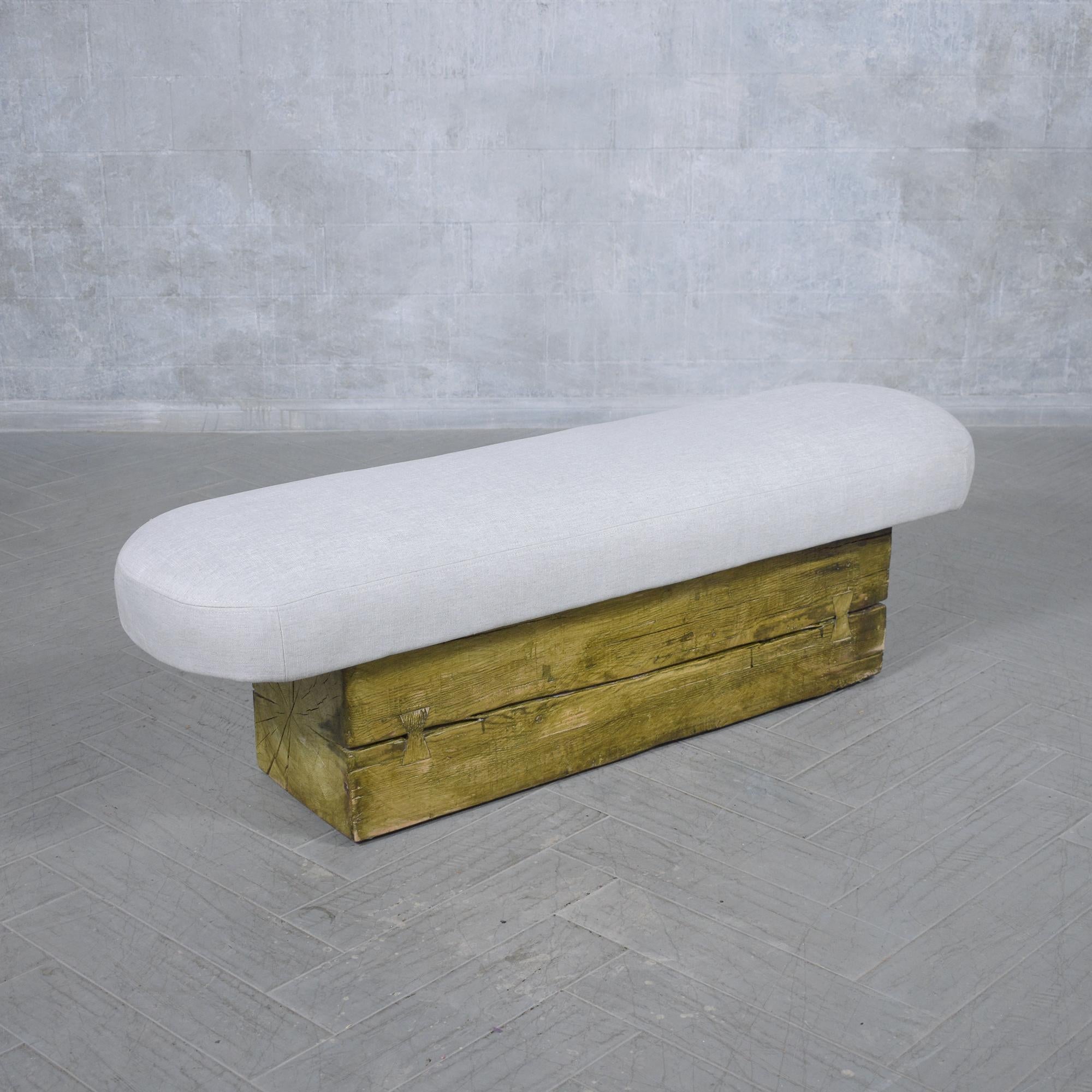 Mid-20th Century Restored Mid Century Modern Slab Bench with Whitewashed Finish and Linen Cushion For Sale