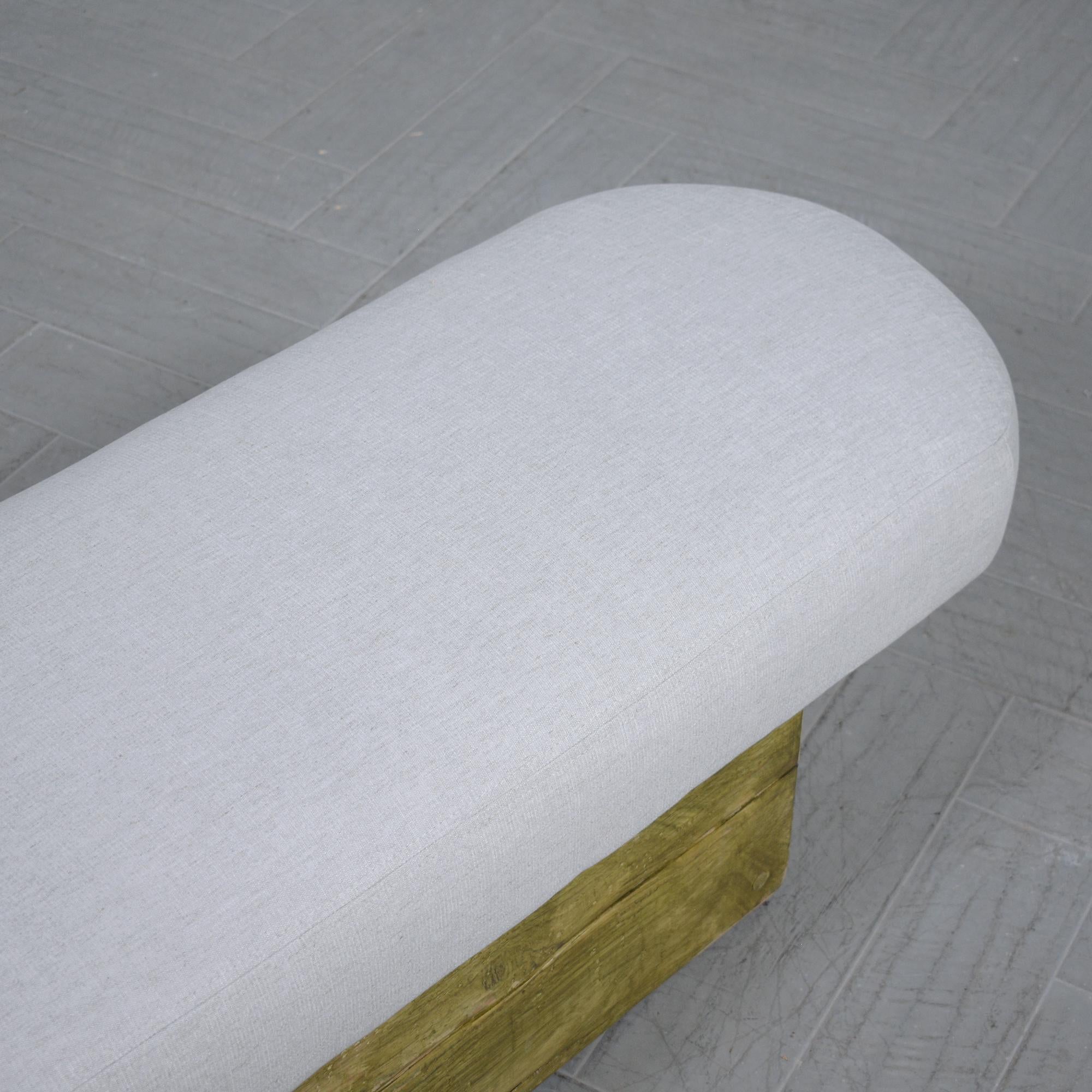 Paint Restored Mid Century Modern Slab Bench with Whitewashed Finish and Linen Cushion For Sale