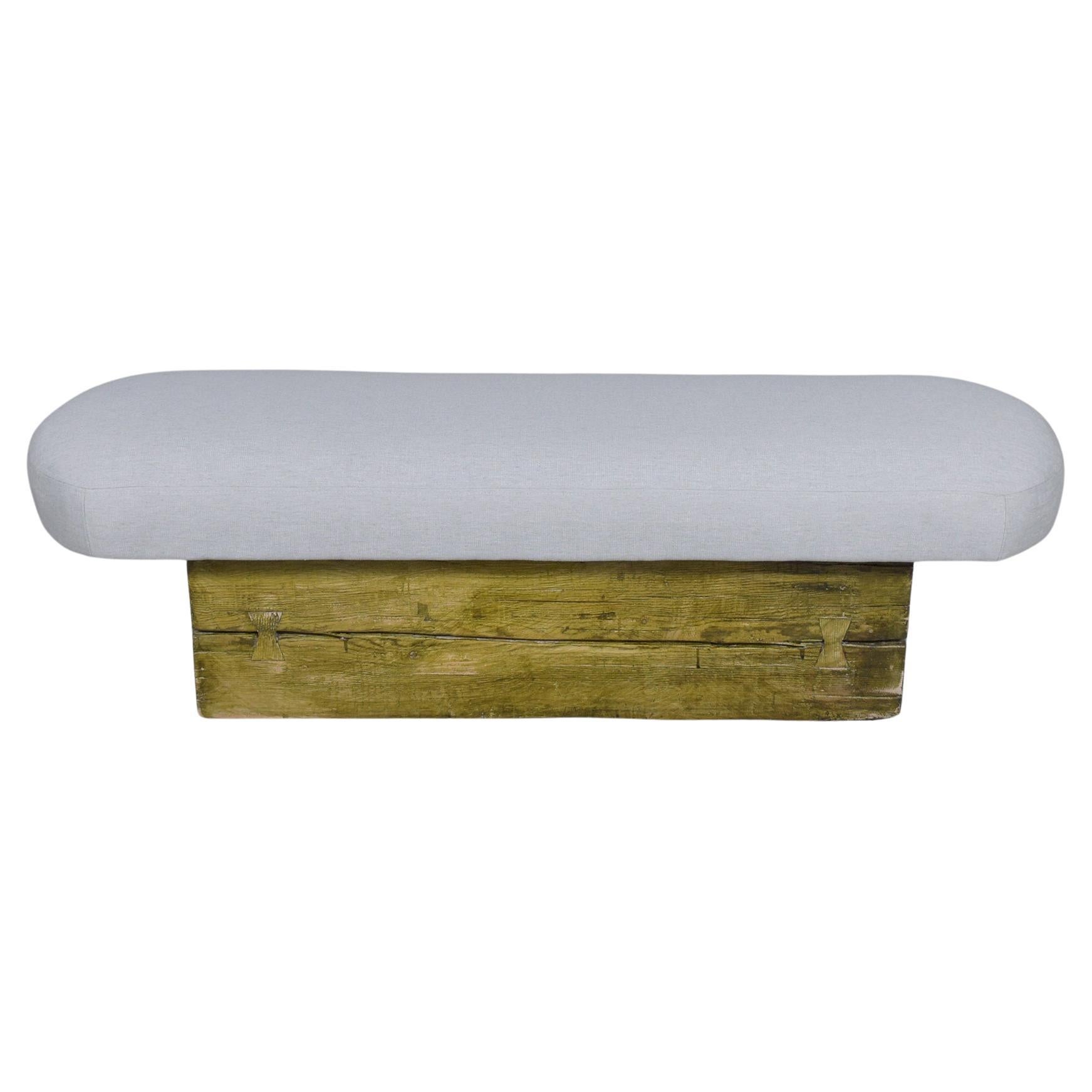 Restored Mid Century Modern Slab Bench with Whitewashed Finish and Linen Cushion For Sale