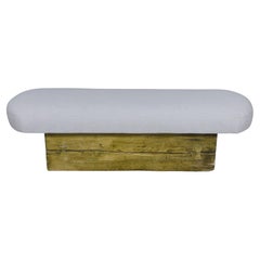 Vintage Restored Mid Century Modern Slab Bench with Whitewashed Finish and Linen Cushion