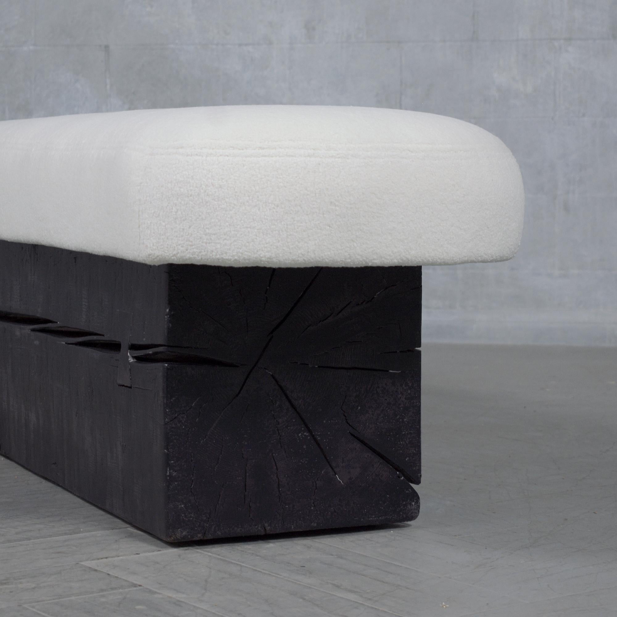 Restored Modern Slab Bench with Black Ebonized Finish and Bouclé Cushion For Sale 2