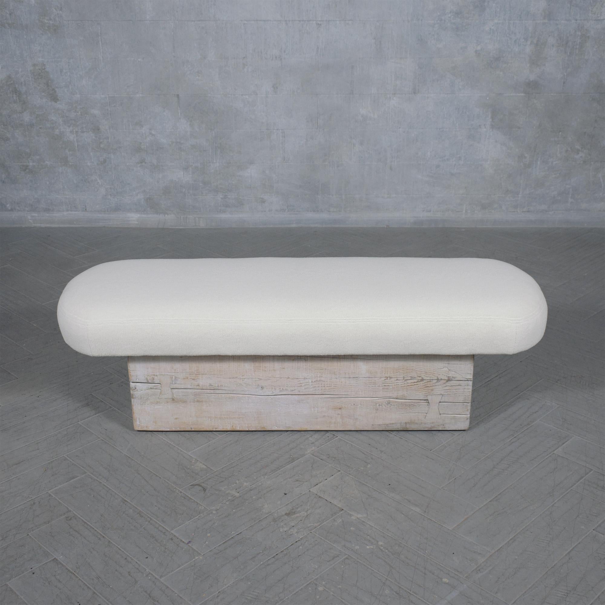 Experience the perfect marriage of modern design and timeless craftsmanship with our beautifully restored modern slab bench. This piece is meticulously crafted from solid wood, showcasing the skill and attention to detail that exemplifies true