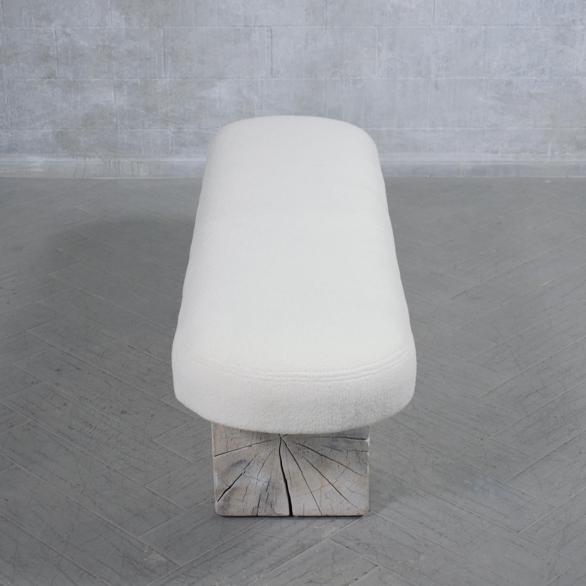 Organic Modern Restored Modern Slab Bench with Whitewashed Finish and Bouclé Cushion For Sale