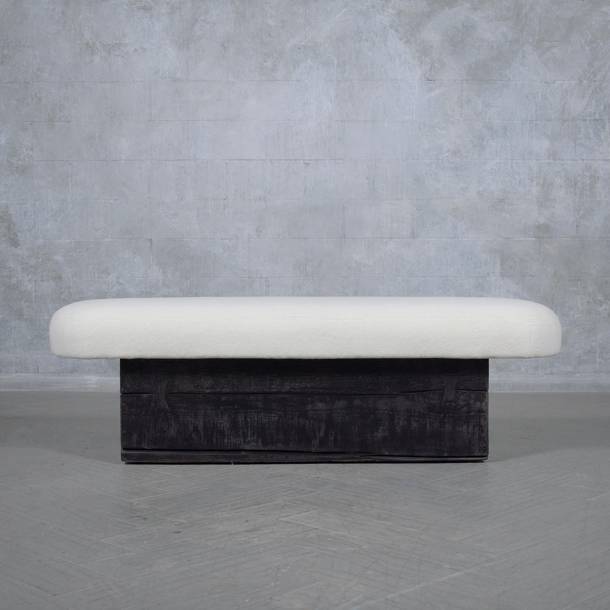 Organic Modern Restored Modern Slab Bench with Black Ebonized Finish and Bouclé Cushion For Sale