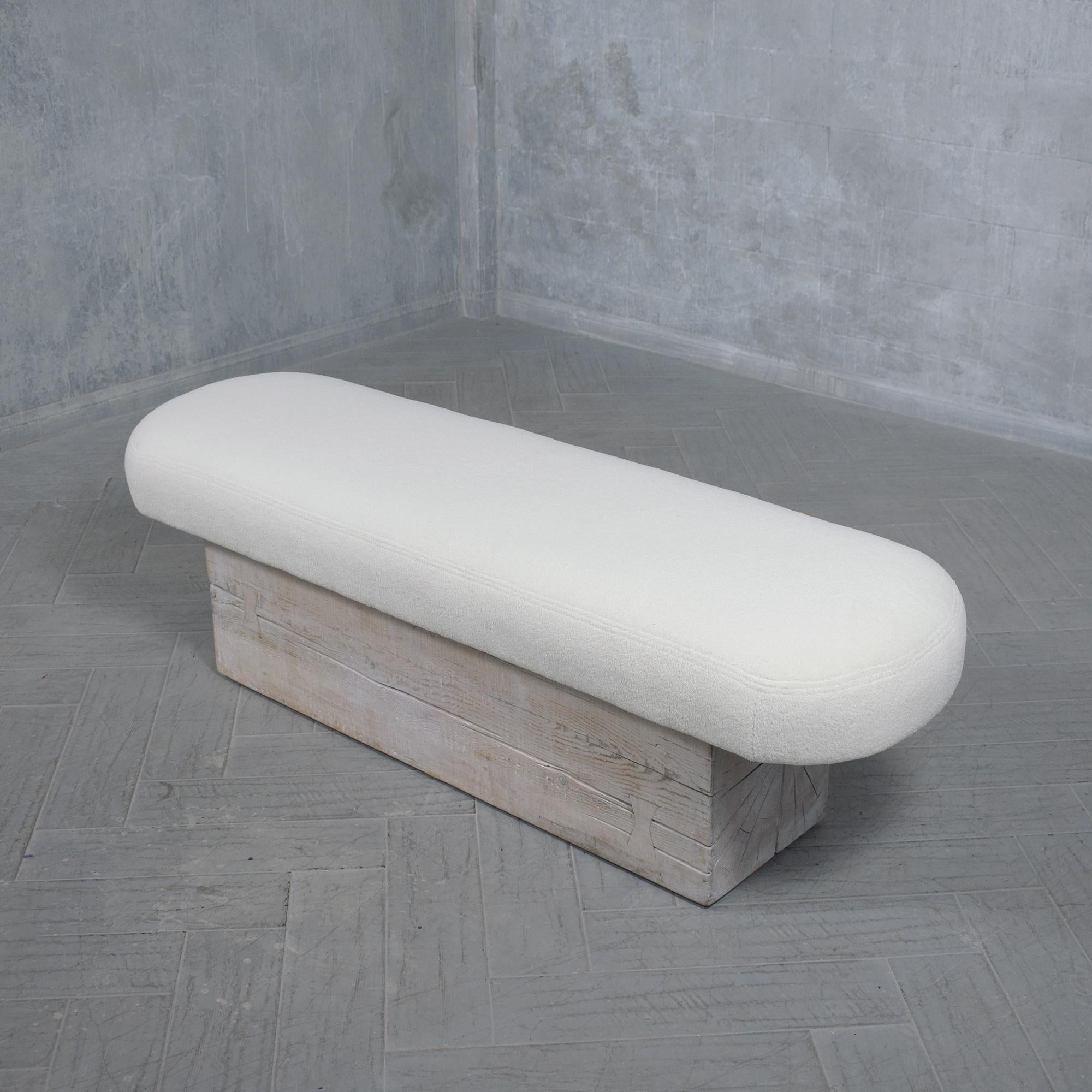 Amsterdam School Restored Modern Slab Bench with Whitewashed Finish and Bouclé Cushion For Sale