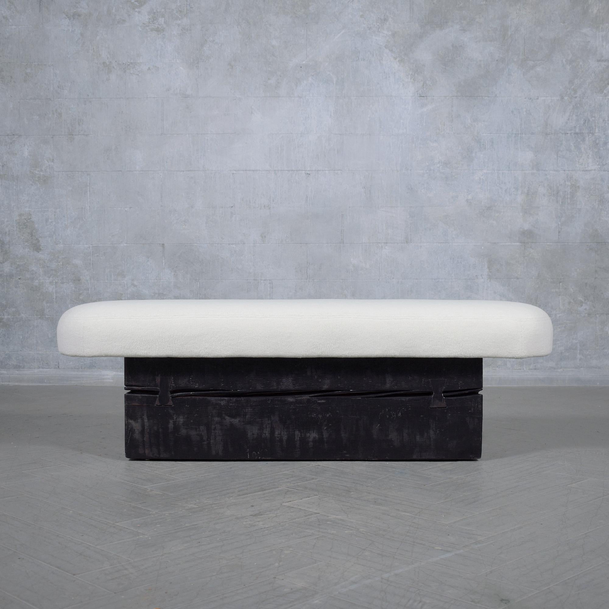 Lacquered Restored Modern Slab Bench with Black Ebonized Finish and Bouclé Cushion For Sale