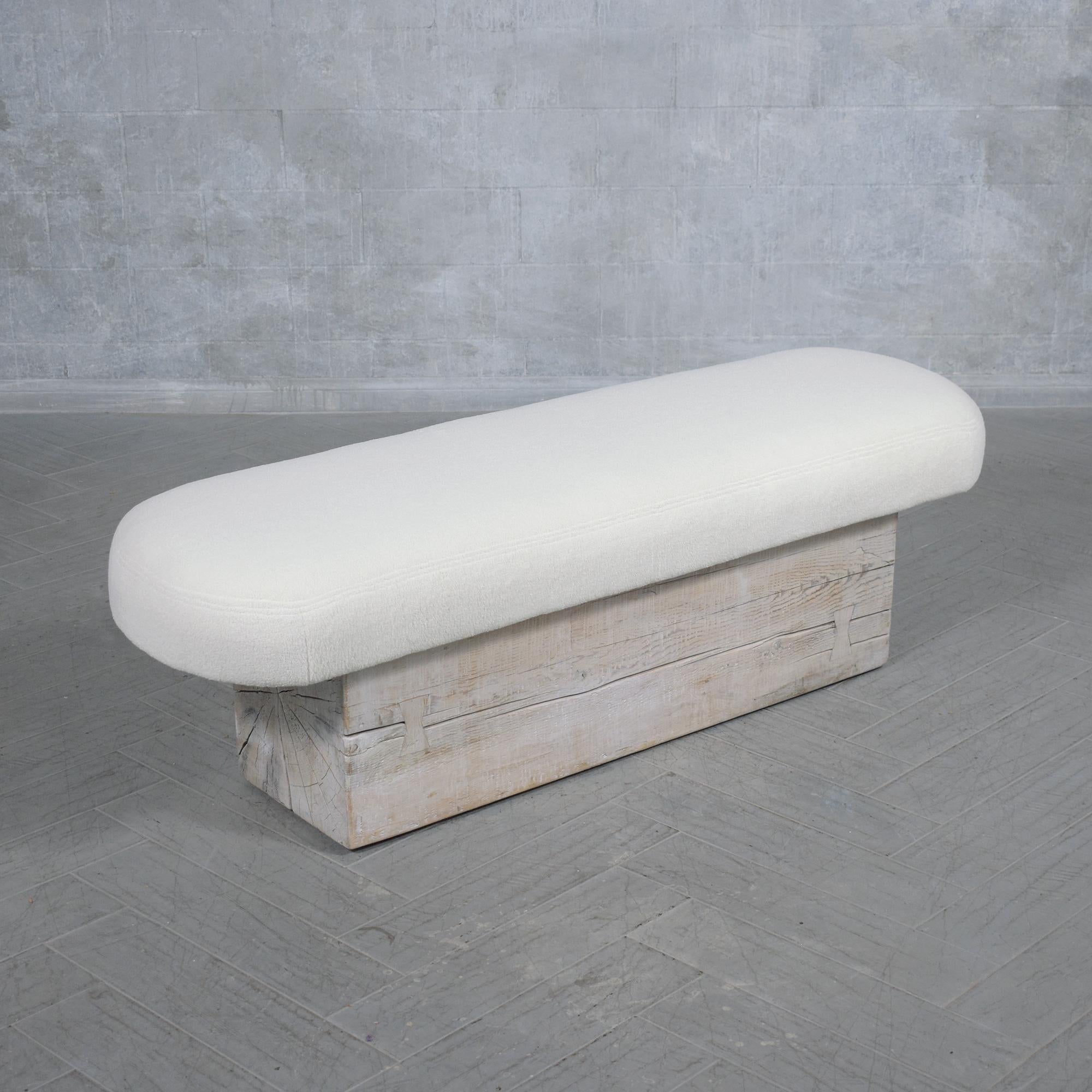 Restored Modern Slab Bench with Whitewashed Finish and Bouclé Cushion In Good Condition For Sale In Los Angeles, CA