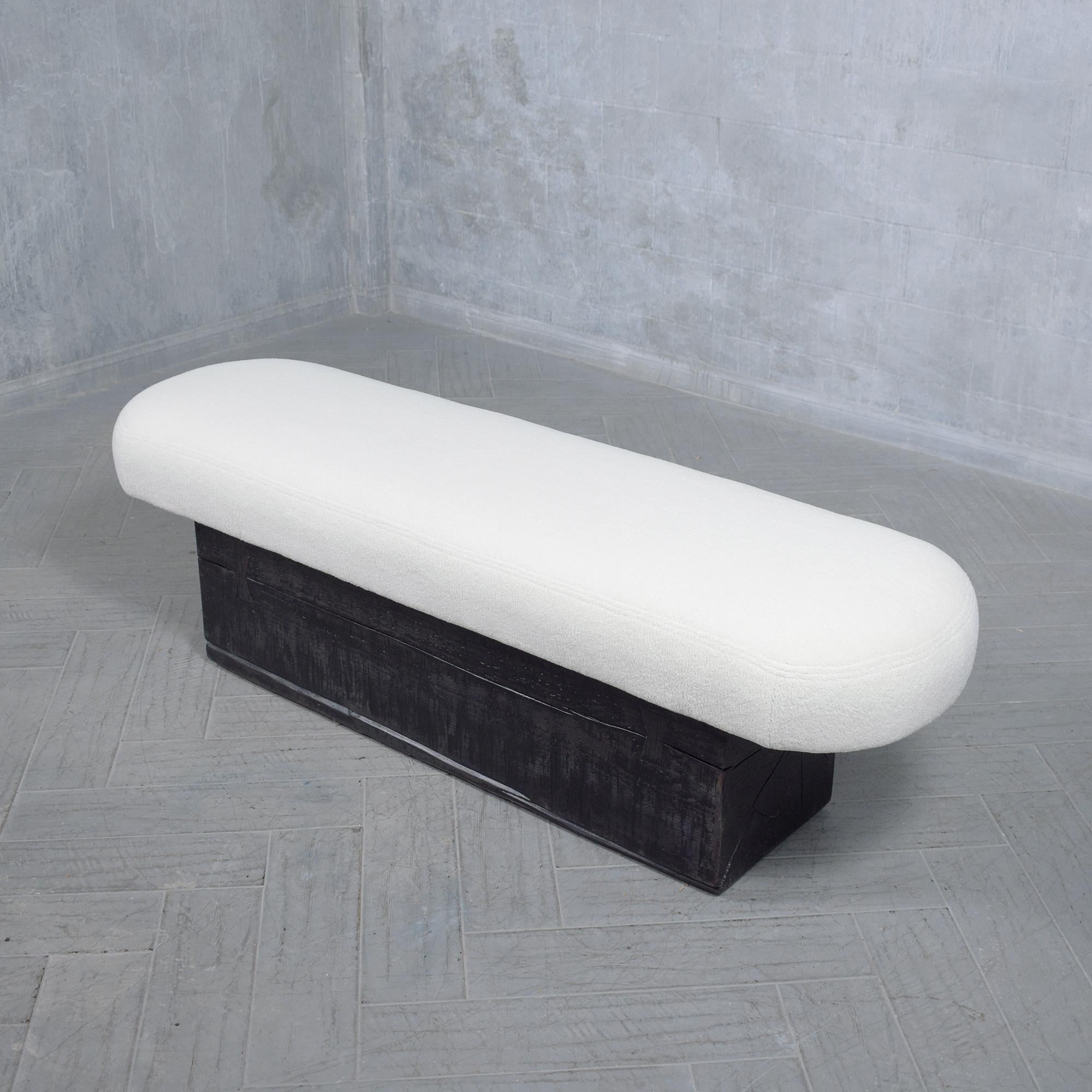 Restored Modern Slab Bench with Black Ebonized Finish and Bouclé Cushion In Good Condition For Sale In Los Angeles, CA