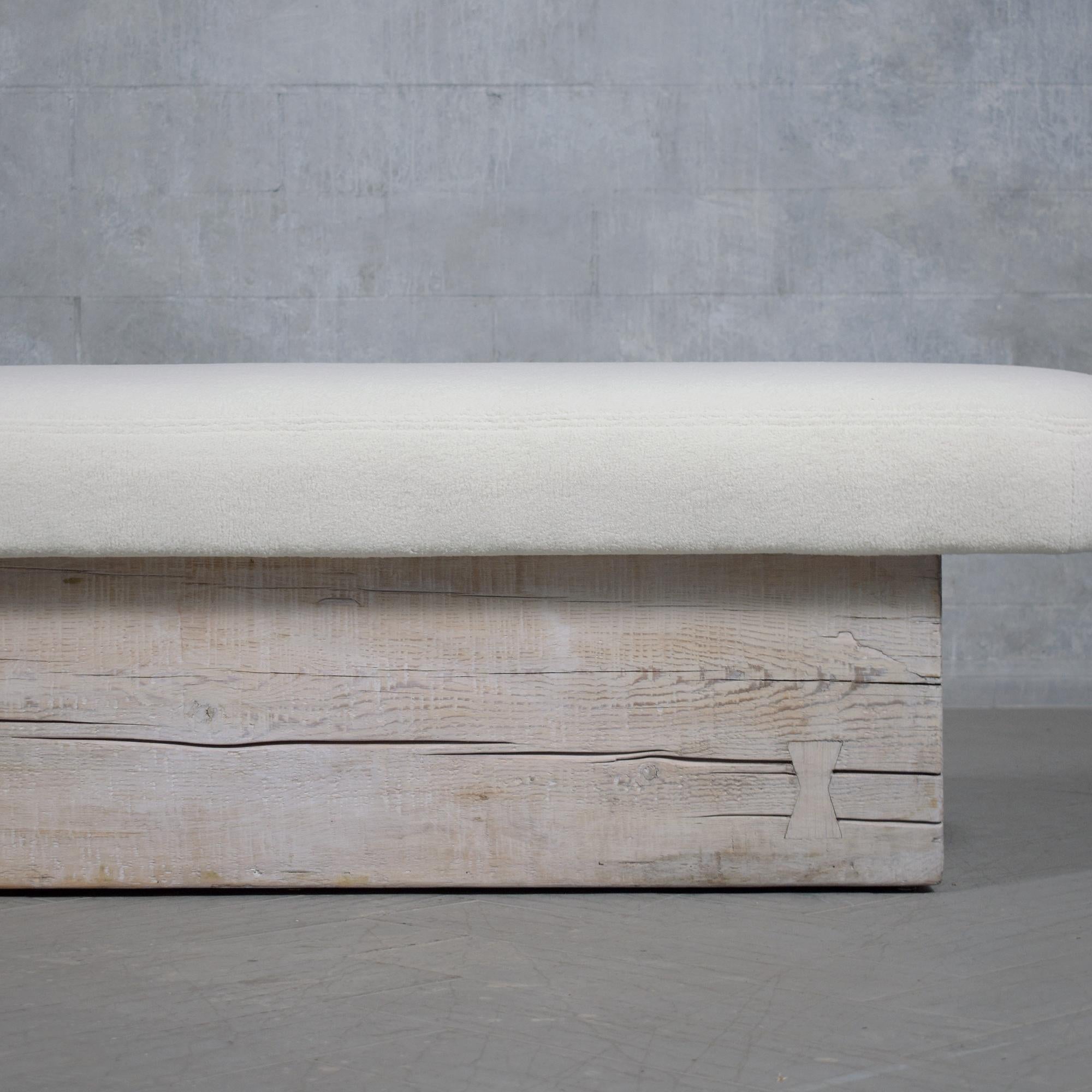 Pine Restored Modern Slab Bench with Whitewashed Finish and Bouclé Cushion For Sale