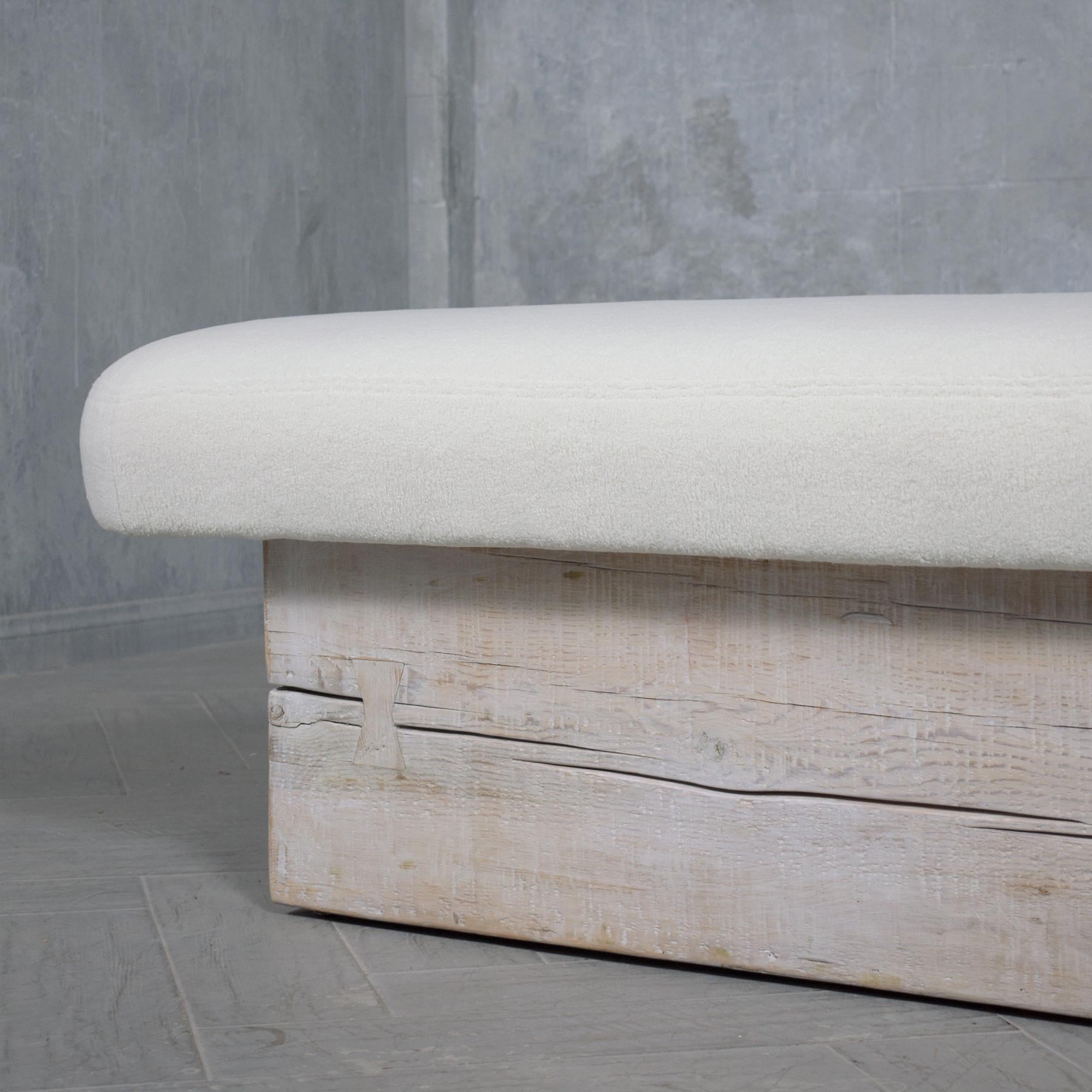 Restored 1960s Modern Slab Bench with Whitewashed Finish and Bouclé Cushion For Sale 1