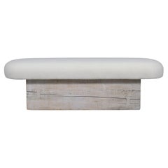 Retro Restored Modern Slab Bench with Whitewashed Finish and Bouclé Cushion