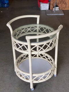 Restored Modern White Round Rattan and Mahogany Bar Cart