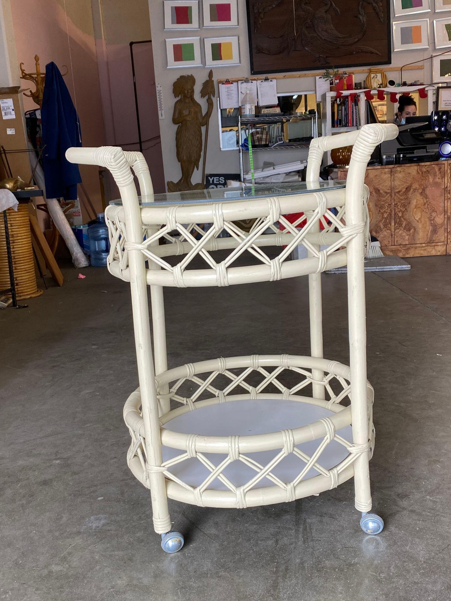 Restored Modern White Round Rattan and Mahogany Bar Cart In Excellent Condition For Sale In Van Nuys, CA