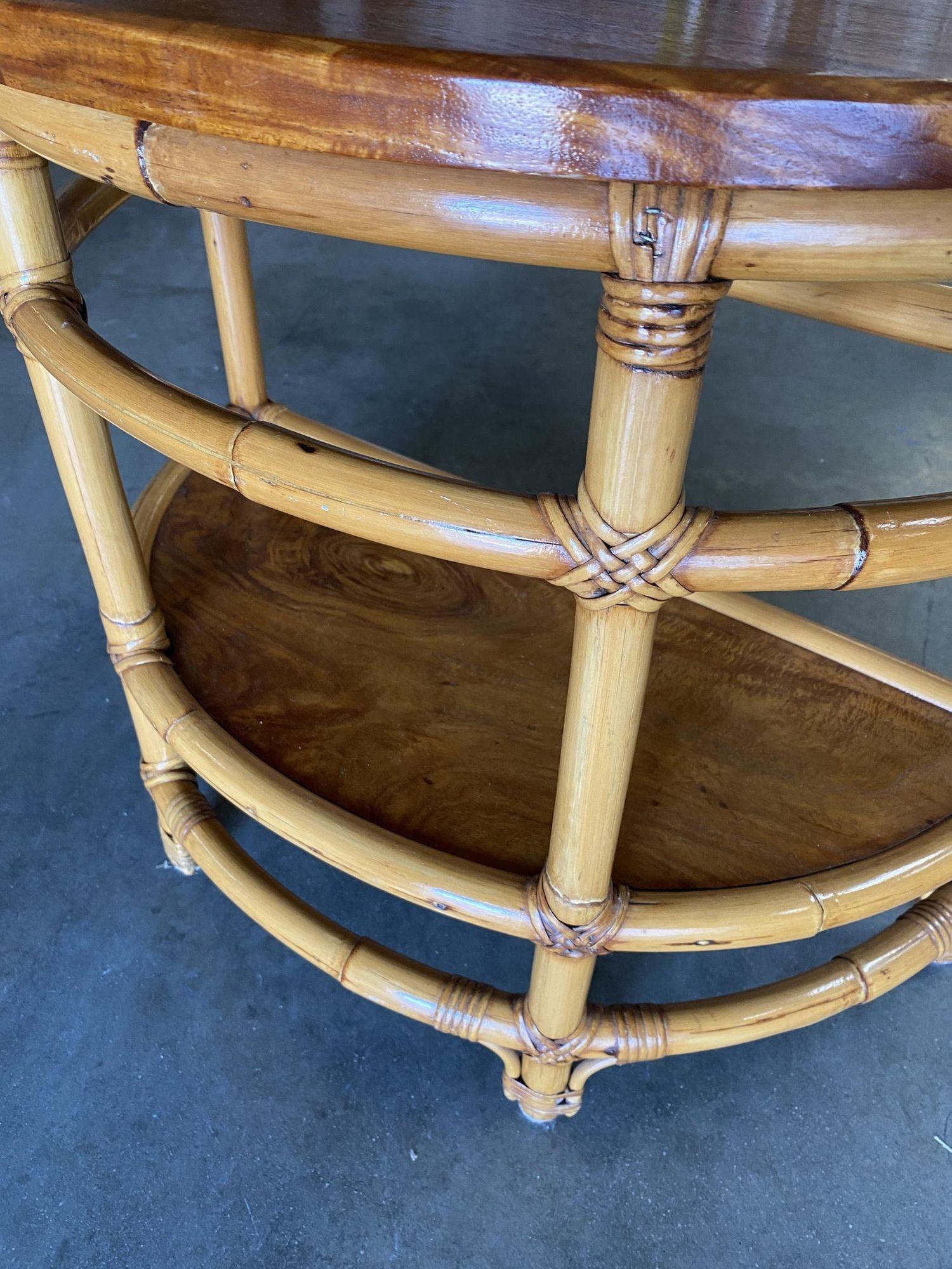 Restored Modernist Half Round Rattan and Mahogany Side Table For Sale