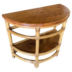 Antique Restored Modernist Half Round Rattan & Mahogany Side Table