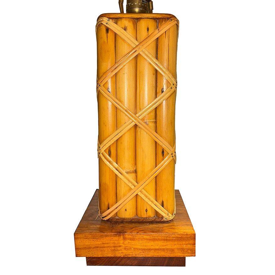 Fabric Restored Modernist Lattice Wrapped Rattan Table Lamp w/ Lamp Shade For Sale