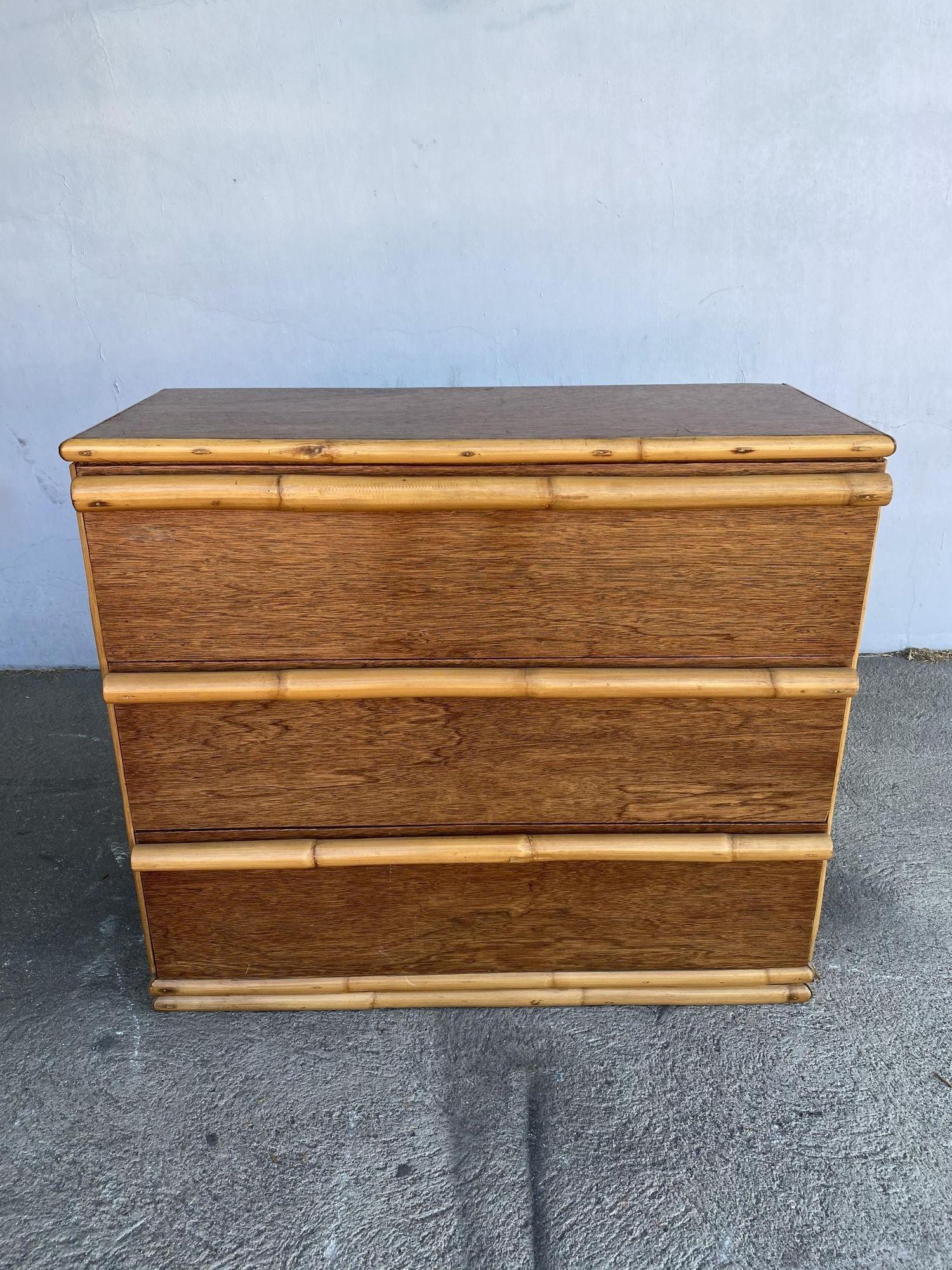 Restored Modernist Mahogany Chest of Drawers W/ Rattan Pulls In Excellent Condition For Sale In Van Nuys, CA