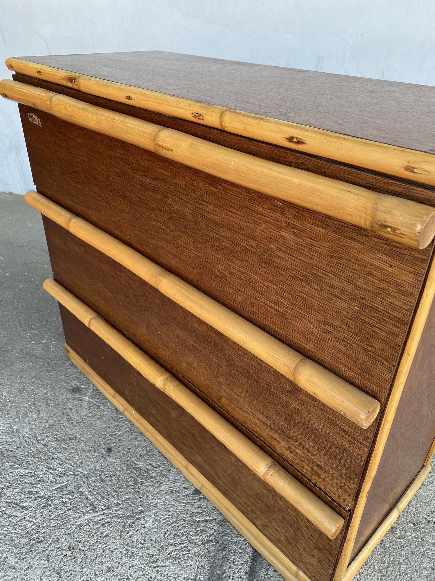 Restored Modernist Mahogany Chest of Drawers W/ Rattan Pulls For Sale 3