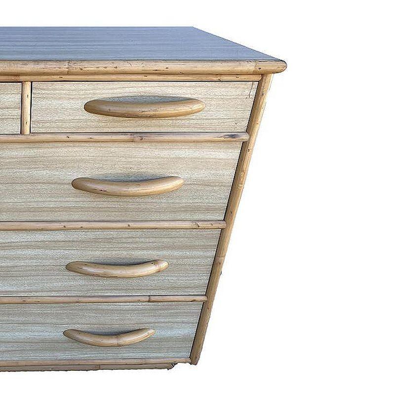 Restored Modernist Rattan Highboy Dresser w/ Rattan Pulls In Excellent Condition In Van Nuys, CA