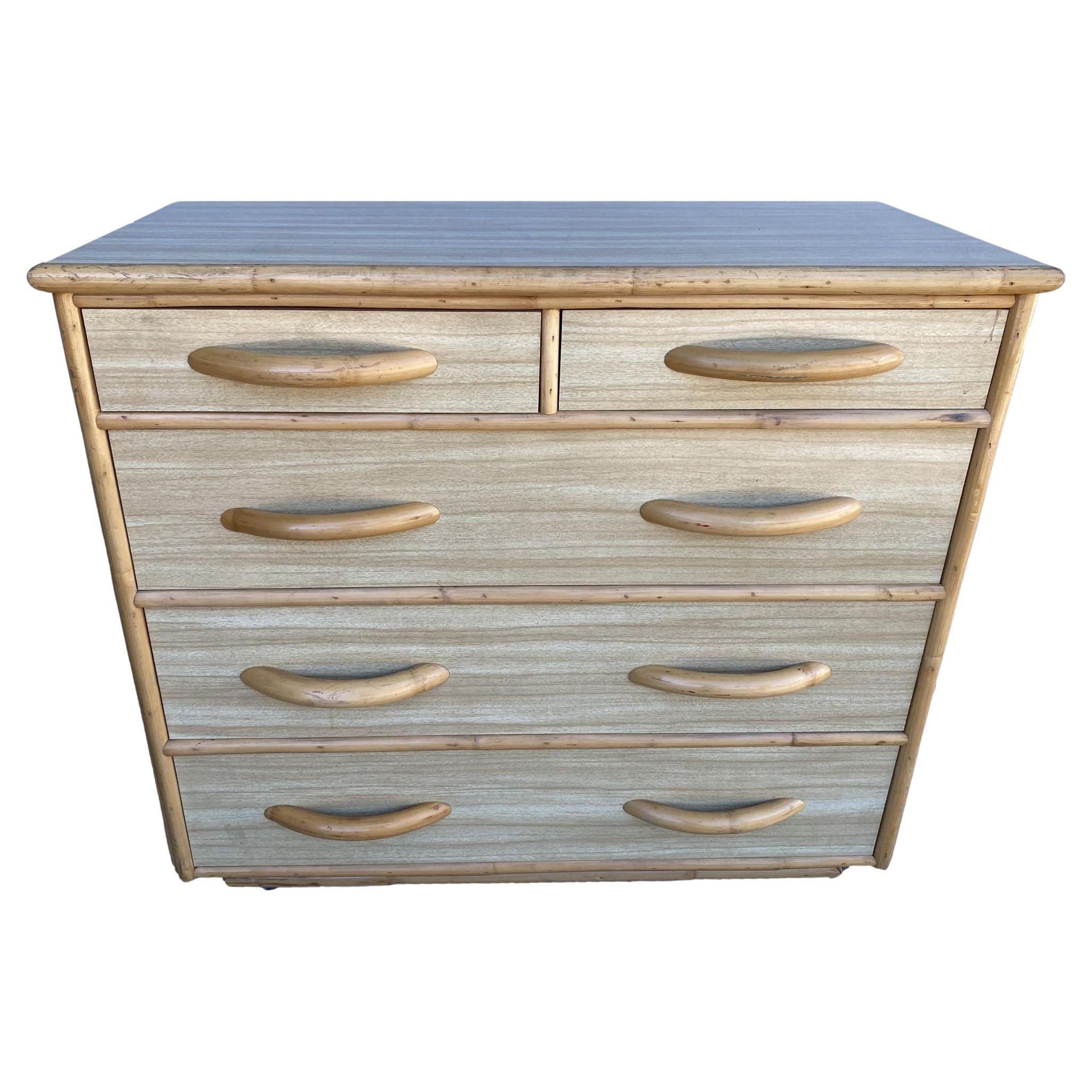 Restored Modernist Rattan Highboy Dresser w/ Rattan Pulls