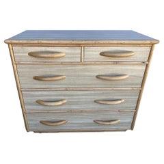 Restored Modernist Rattan Highboy Dresser w/ Rattan Pulls