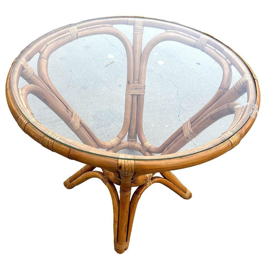 American Restored Modernist Rattan Hourglass Round Side Table with Glass Top For Sale