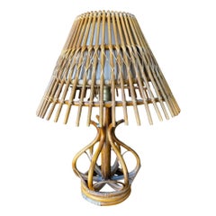 Restored Modernist Stacked Stick Reed Rattan Table Lamp w/ Rattan Shade