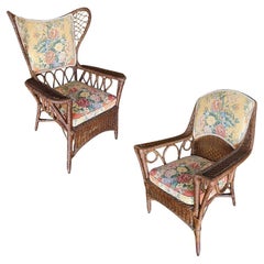 Used Restored Mom & Pop "President's" Stick Rattan Lounge Chairs Qaud Loop Arms, Pair