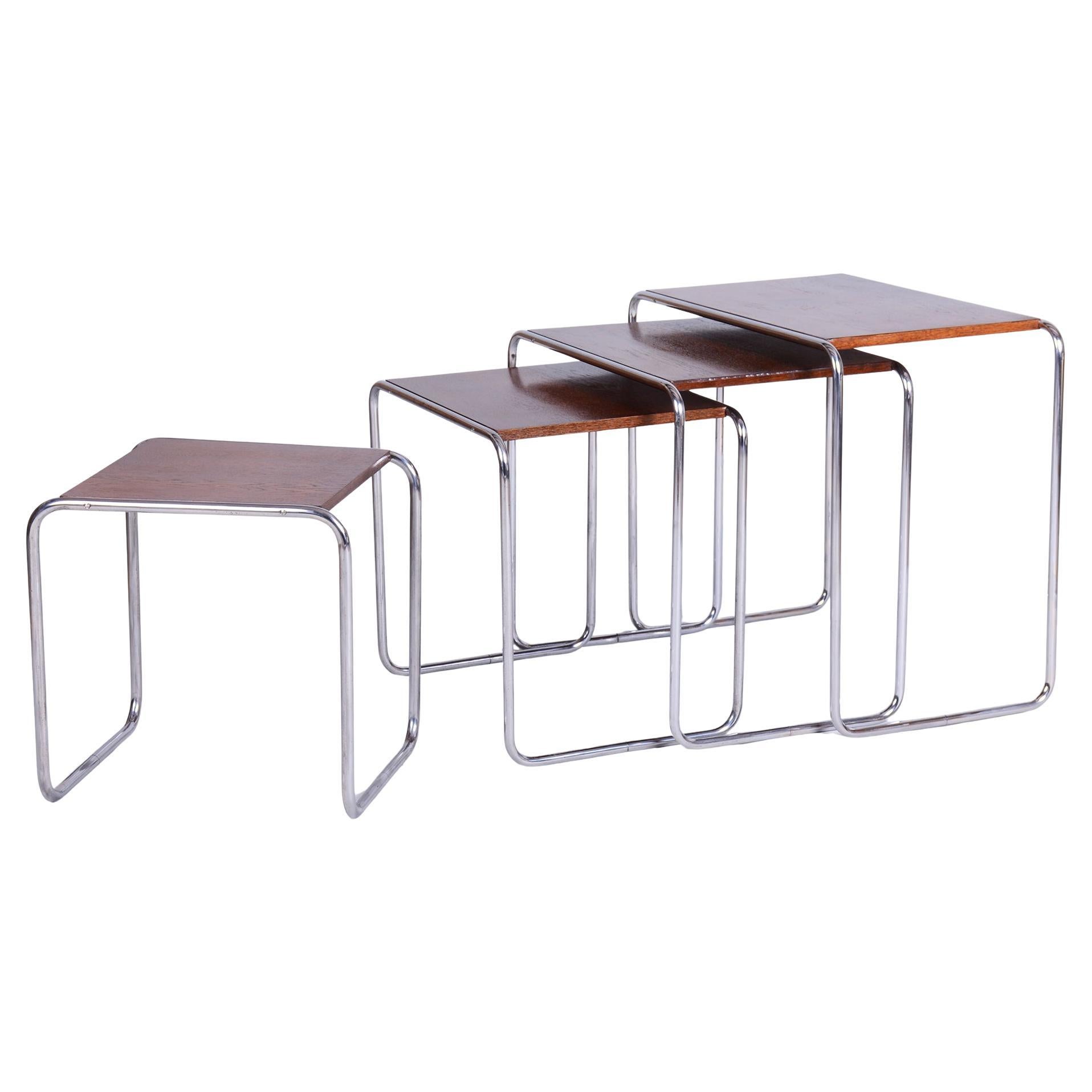 Tables gigognes restaurées, par M. Breuer pour Thonet, Oak Oak, Chrome, Czech, années 1920