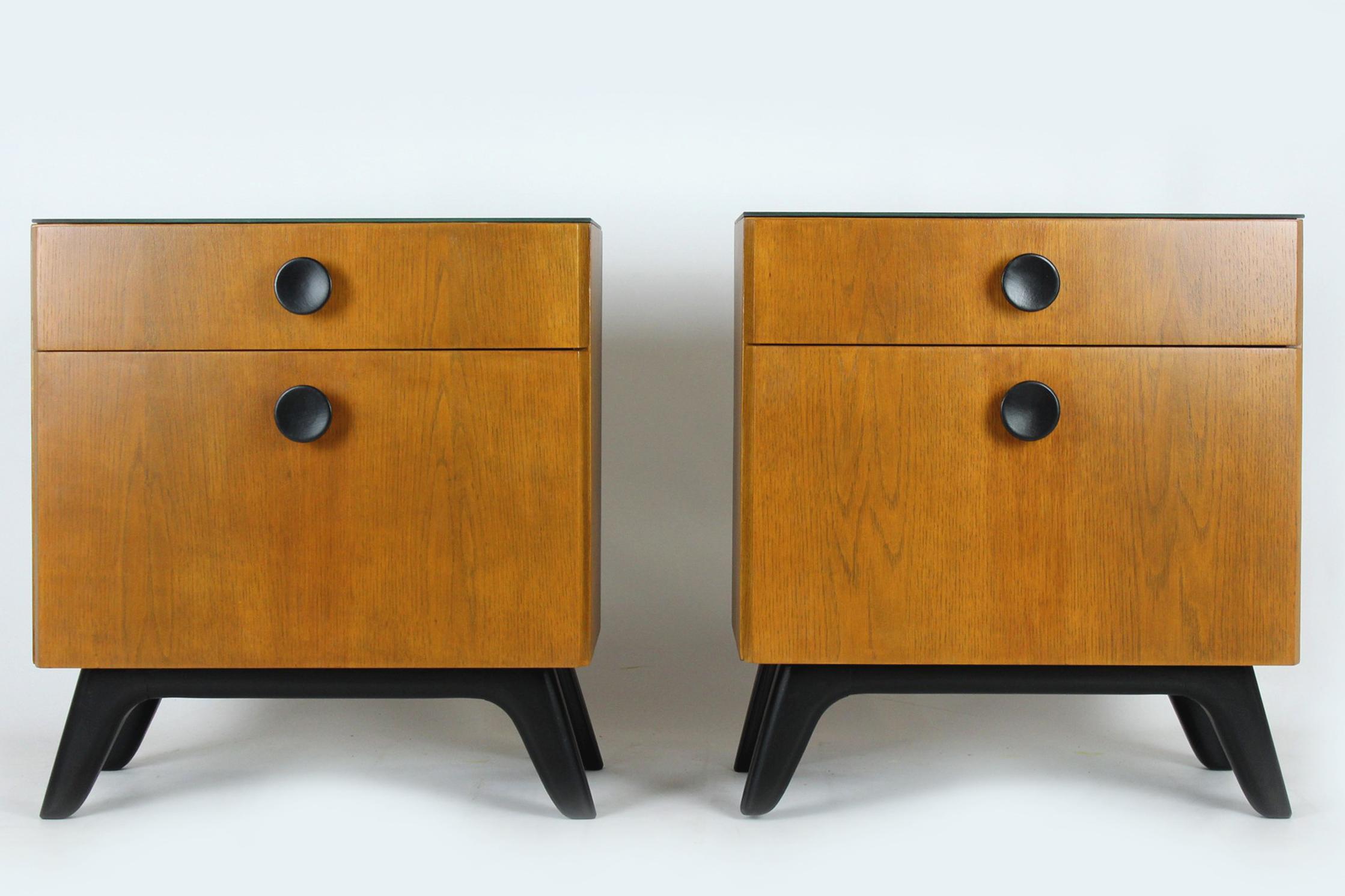 20th Century Restored Nightstands with Glass Tops by J. Halabala for UP Zavody, Set of 2 For Sale