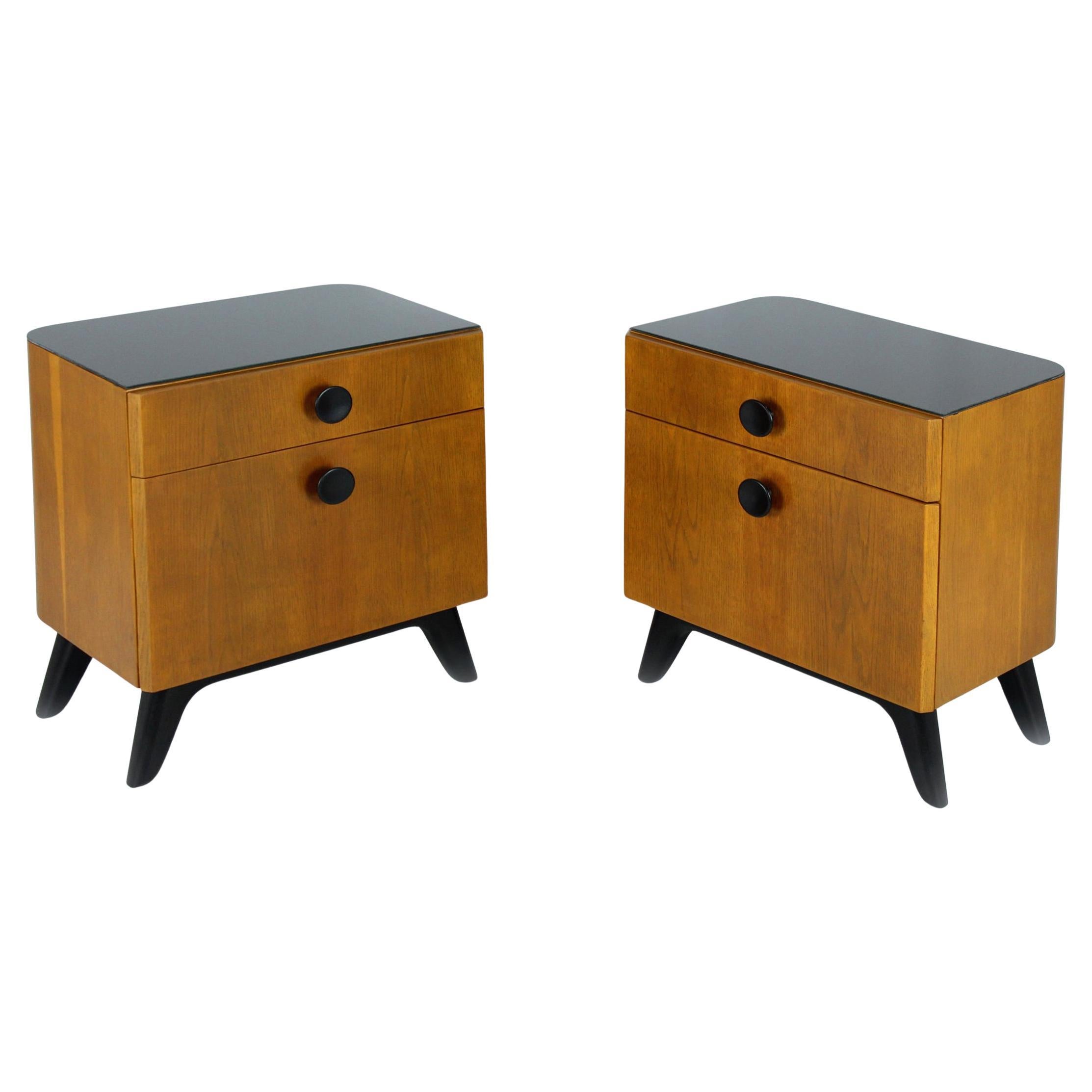 Restored Nightstands with Glass Tops by J. Halabala for UP Zavody, Set of 2