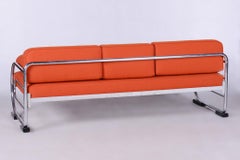 Restored Orange Bauhaus Sofa, Robert Slezak, High-Quality Leather, 1930s