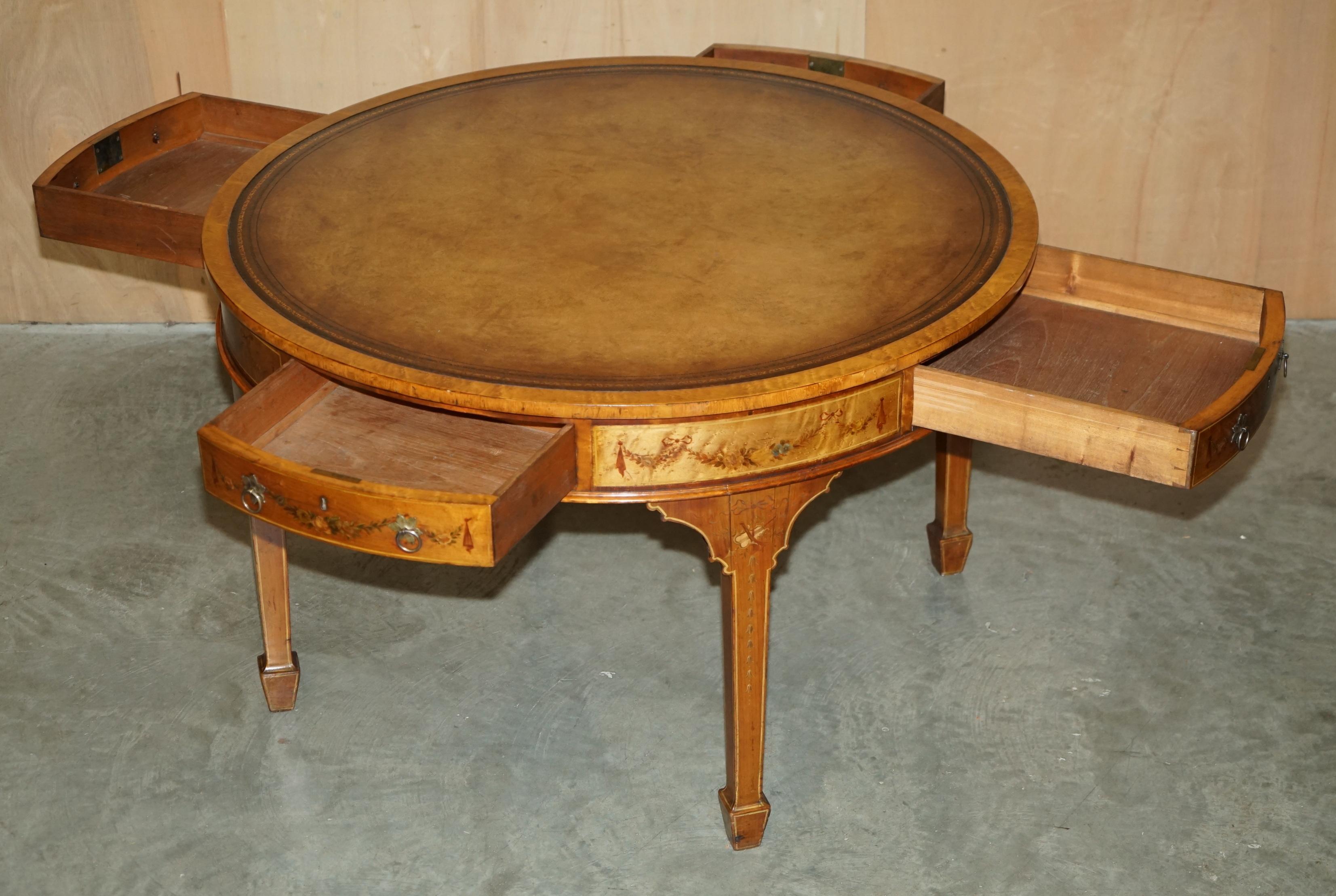 RESTORED ORIGINAL ANTIQUE SHERATON SATiNWOOD BROWN LEATHER LIBRARY CENTRE TABLE For Sale 7