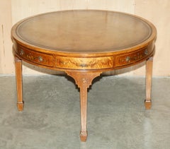RESTORED ORIGINAL ANTIQUE SHERATON SATiNWOOD BROWN LEATHER LIBRARY CENTRE TABLE