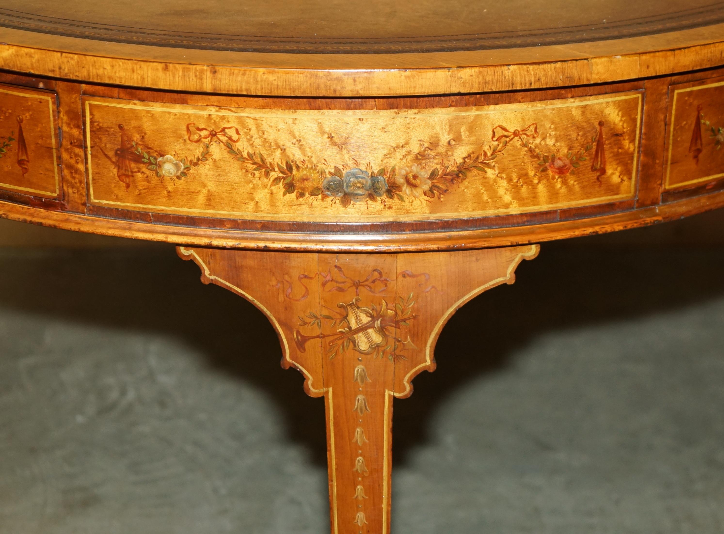 19th Century RESTORED ORIGINAL ANTIQUE SHERATON SATiNWOOD BROWN LEATHER LIBRARY CENTRE TABLE For Sale