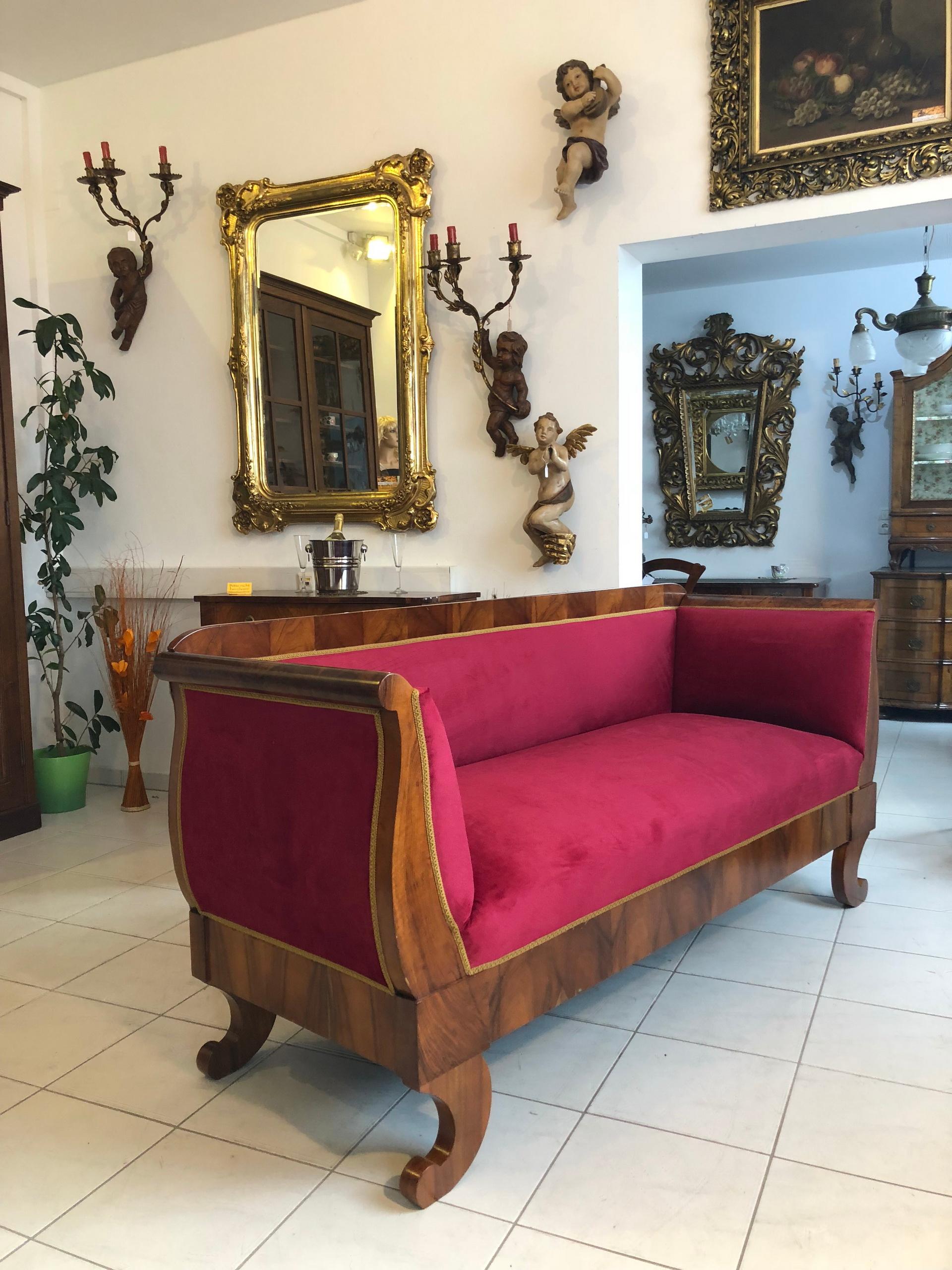 German Restored Original Biedermeier Sofa Made of Walnut, Red Velvet For Sale