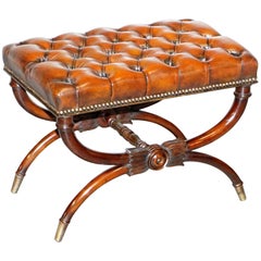 Antique Restored Ornately Carved Brown Leather Regency circa 1800 Chesterfield Footstool