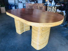 Restored Oval Stacked Rattan Dining Table W/ Mahogany Top