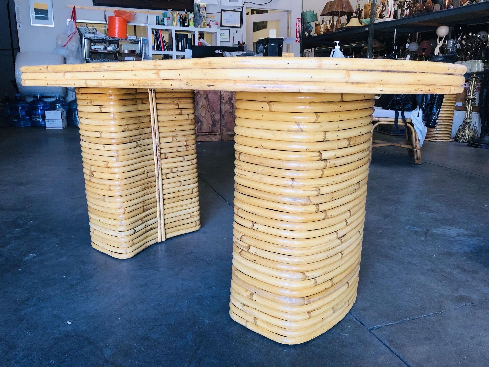 Mid-Century Modern Restored Oval Stacked Rattan Dining Table W/ Mahogany Top For Sale