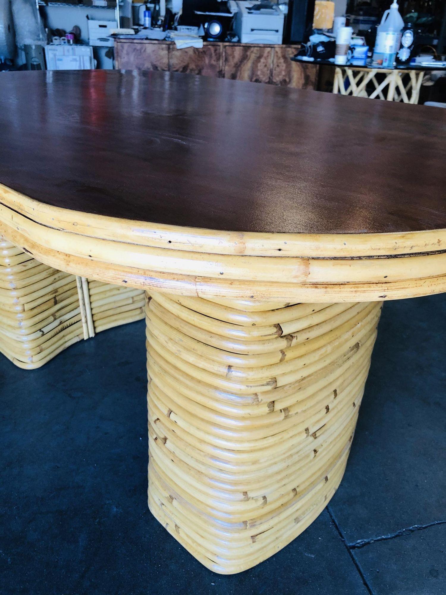 Restored Oval Stacked Rattan Dining Table W/ Mahogany Top In Excellent Condition For Sale In Van Nuys, CA