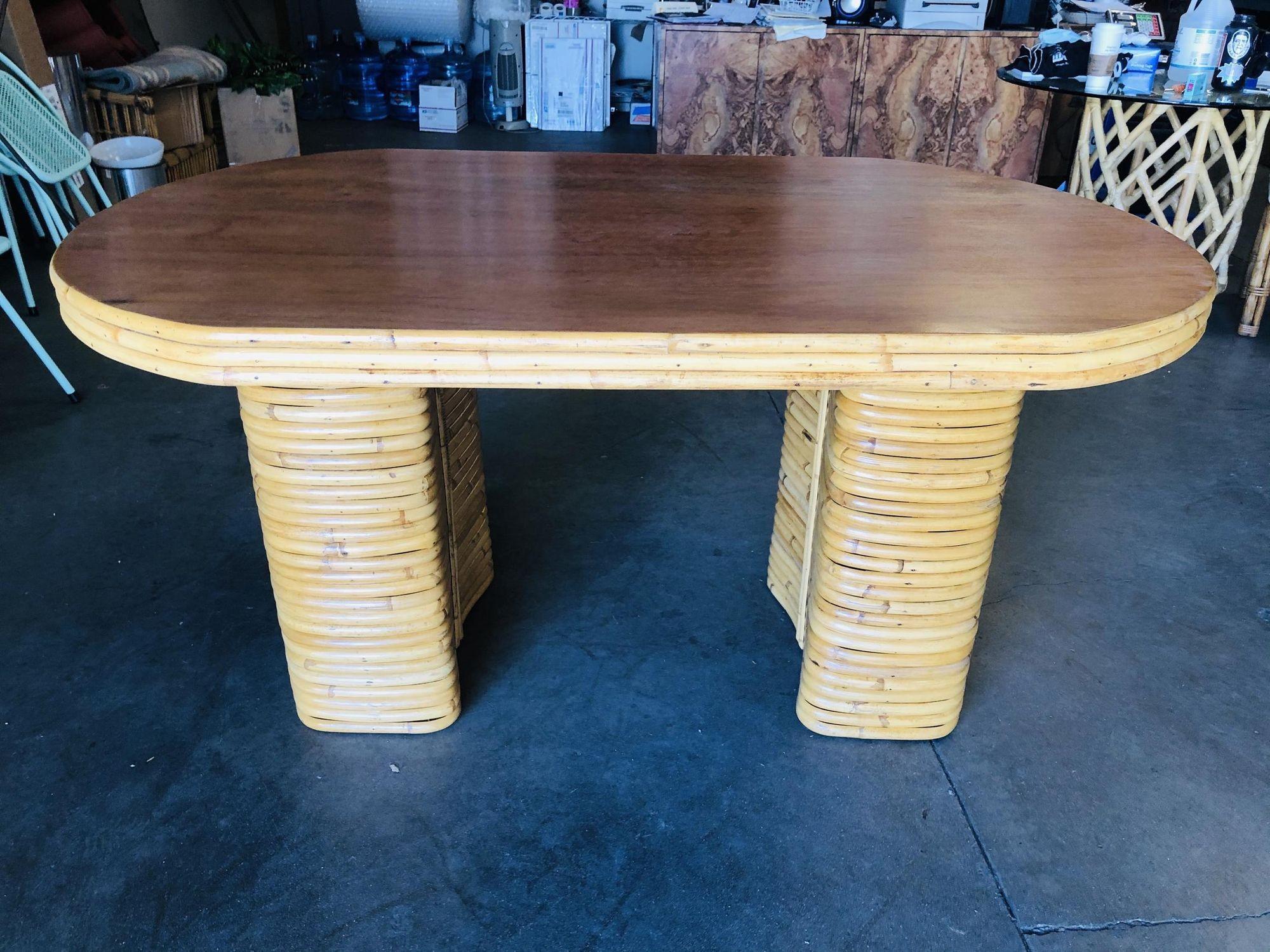 Mid-20th Century Restored Oval Stacked Rattan Dining Table W/ Mahogany Top For Sale