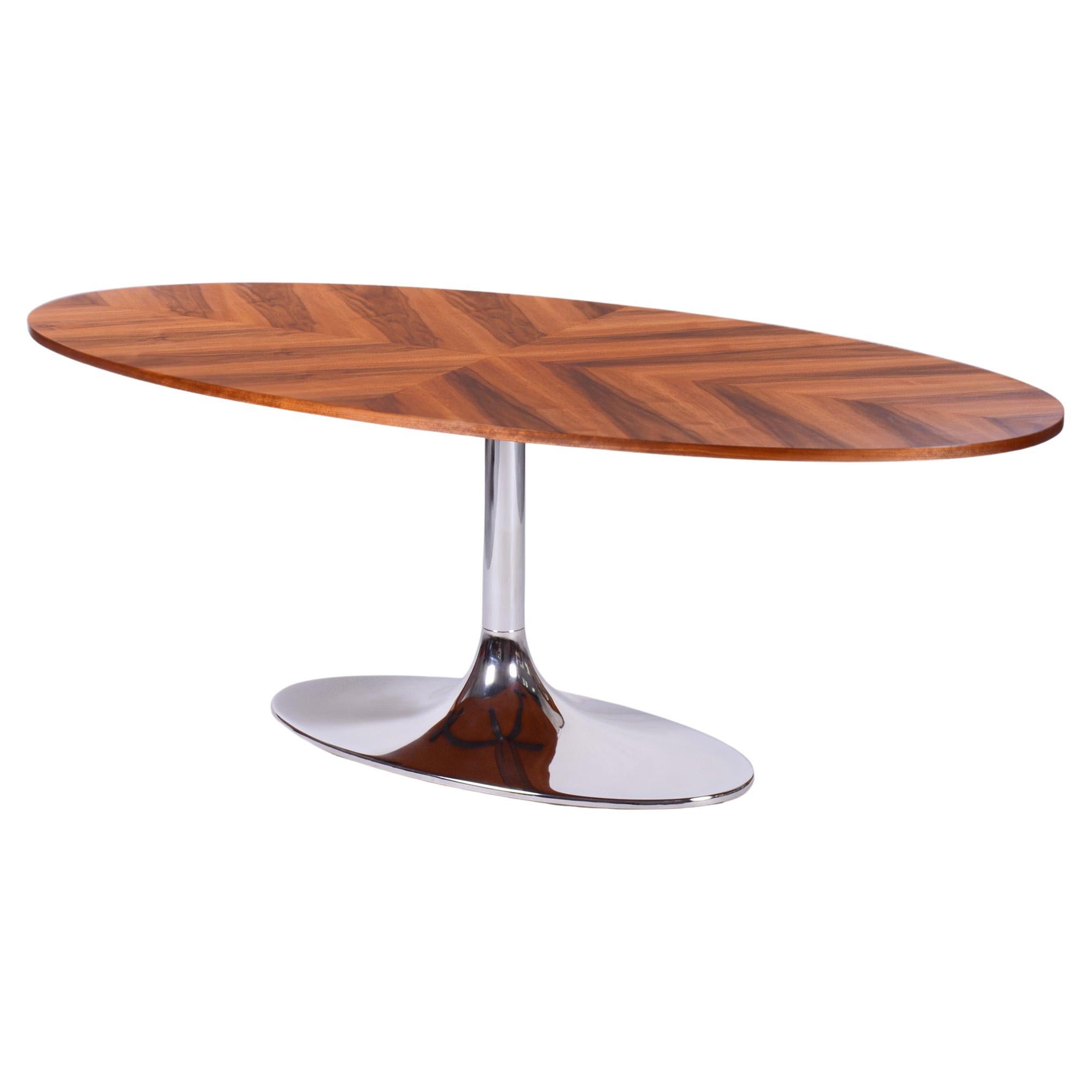Restored Oval Table, Functionalism, Kovona, Chrome, Walnut, Czechia, 1960s For Sale