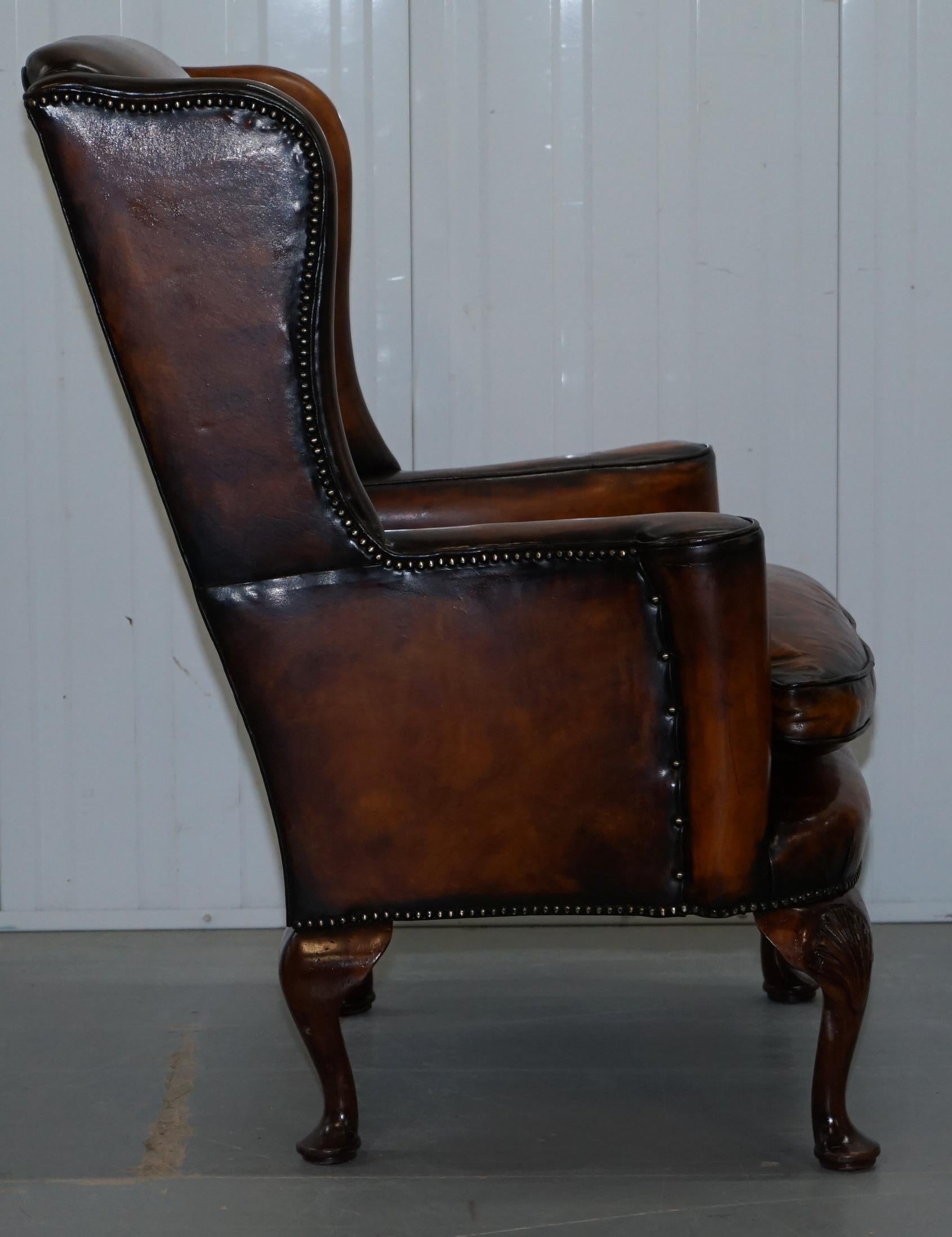 Restored Pair of 18th Century George III Style Wingback Brown Leather Armchairs 6